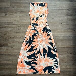 VTG 60s Floral Luau Sleeveless Maxi Dress Orange and Navy Blue